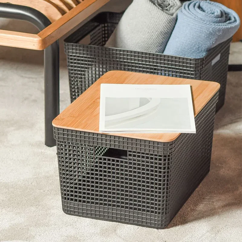 Cesta grid con tapa de bambú 20 litros color plomo