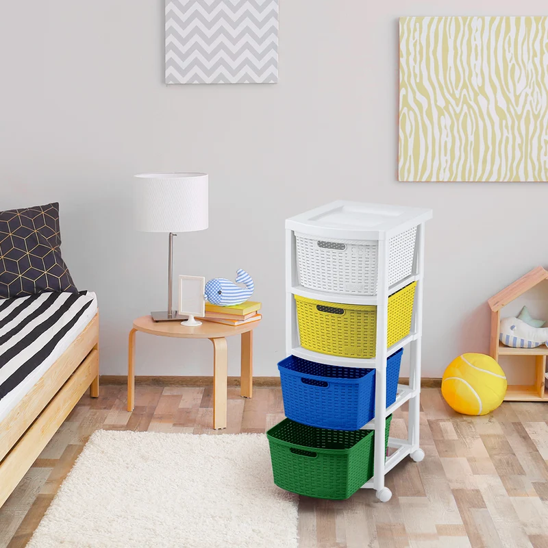 Cajonero apariencia rattan 4 gavetas altas tricolor niño Rimax