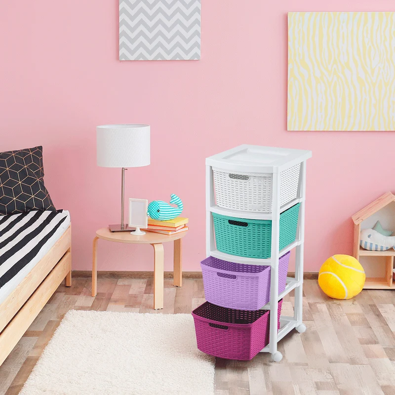 Cajonero apariencia rattan 4 gavetas altas tricolor niña Rimax