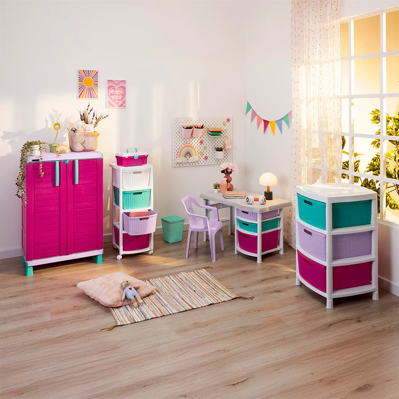 Cajonero apariencia rattan 4 gavetas altas tricolor niña Rimax