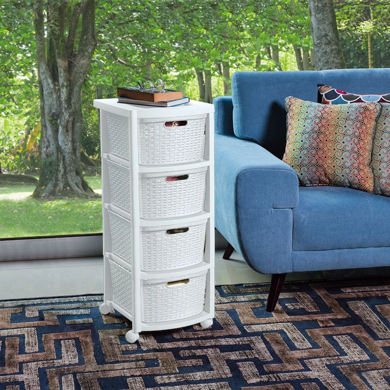 Cajonero apariencia rattan 4 gavetas altas blanco nieve Rimax
