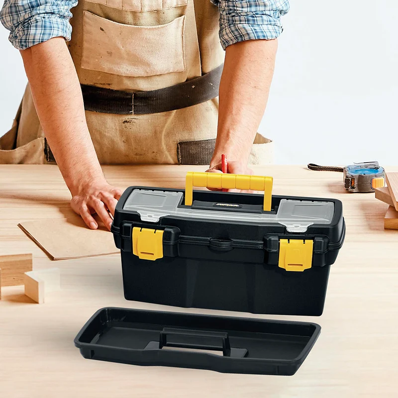 Caja organizadora de herramientas 16" apilable con tapa y cerradura plástica negro Rimax