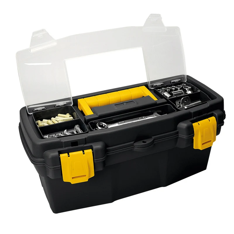 Caja organizadora de herramientas 16" apilable con tapa y cerradura plástica negro Rimax