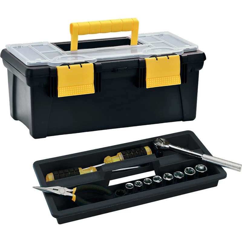 Caja organizadora de herramientas con tapa ycerradura plástica negra Rimax