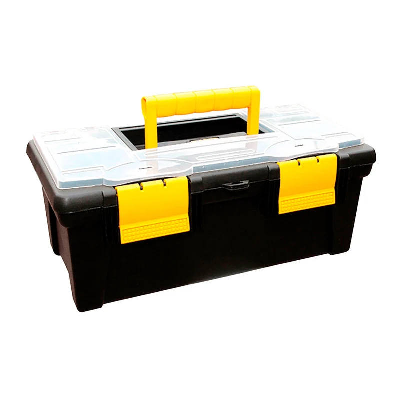 Caja organizadora de herramientas con tapa ycerradura plástica negra Rimax