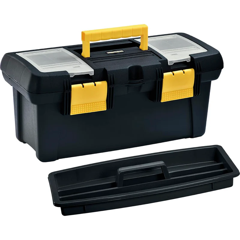 Caja organizadora de herramientas con tapa ycerradura plástica negra Rimax