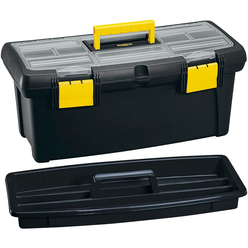 Caja organizadora de herramientas con tapa ycerradura plástica negra Rimax