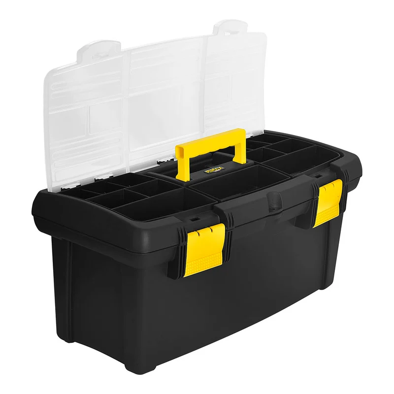 Caja organizadora de herramientas con tapa ycerradura plástica negra Rimax