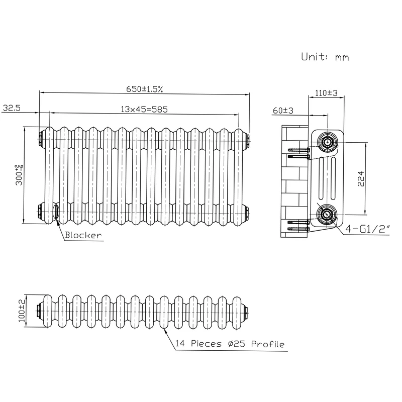 Radiador Tradicional de 3 Columnas y Válvulas - 300 x 650mm - Metal Crudo