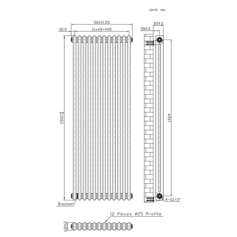 Radiador Tradicional de 2 Columnas y Válvulas - 1500 x 560mm - Metal Crudo