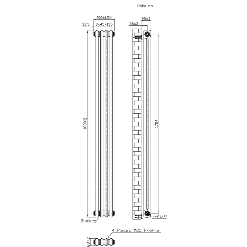 Radiador Tradicional de 2 Columnas y Válvulas - 1800 x 200mm - Metal Crudo