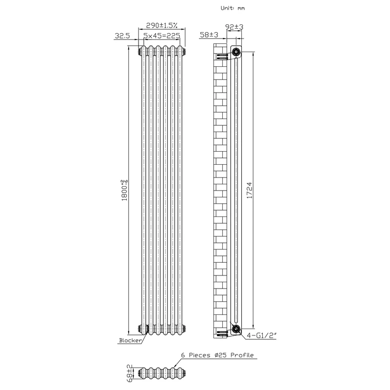 Radiador Tradicional de 2 Columnas y Válvulas - 1800 x 290mm - Metal Crudo