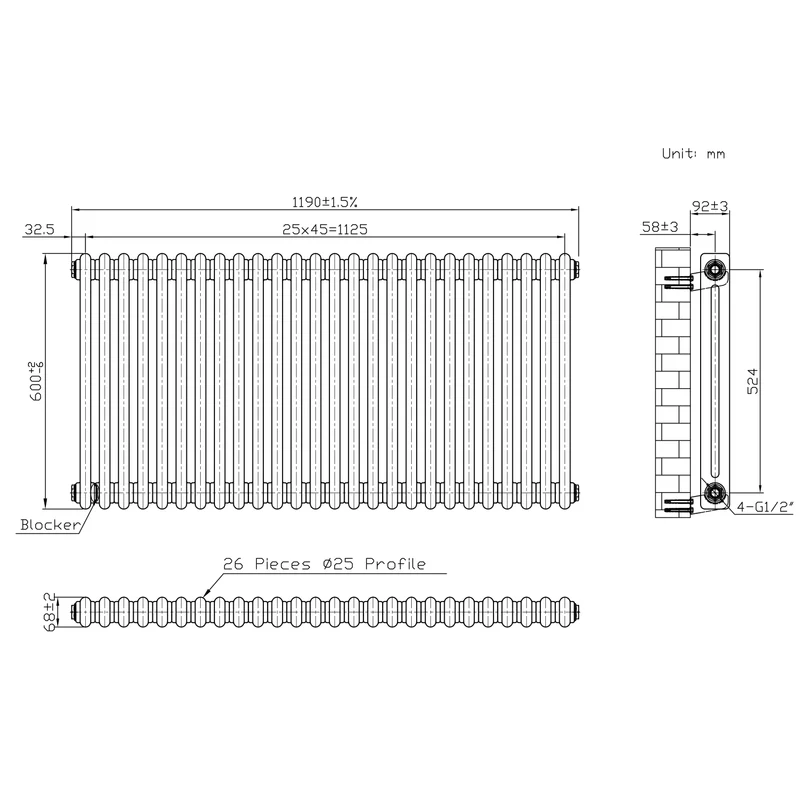 Radiador Tradicional de 2 Columnas y Válvulas - 600 x 1190mm - Metal Crudo
