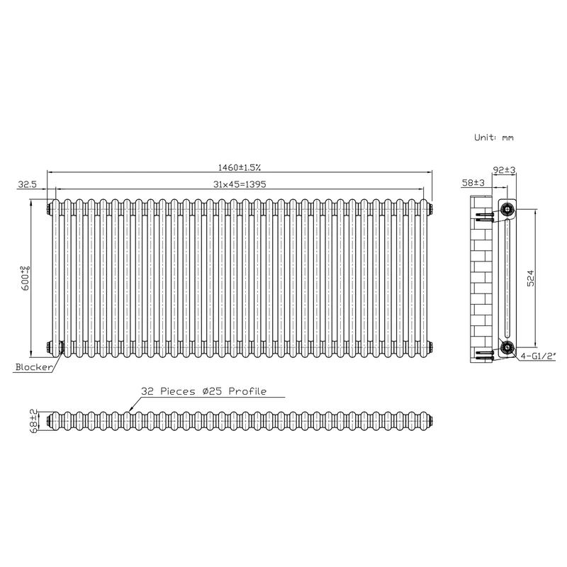 Radiador Tradicional de 2 Columnas y Válvulas - 600 x 1460mm - Metal Crudo