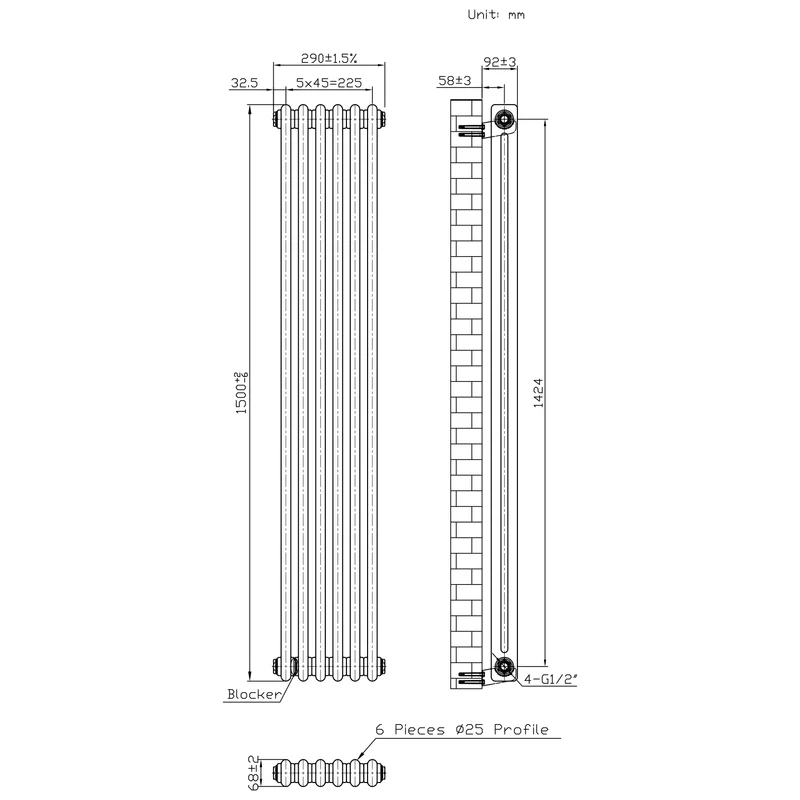 Radiador Tradicional de 2 Columnas y Válvulas - 1500 x 290mm - Metal Crudo