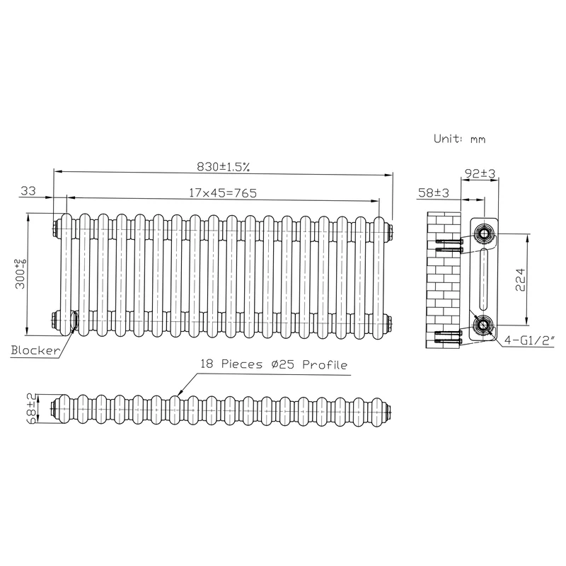 Radiador Tradicional de 2 Columnas y Válvulas - 300 x 830mm - Metal Crudo