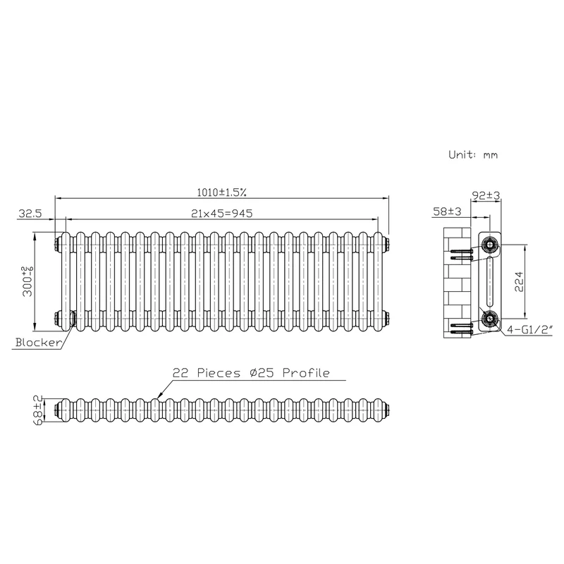 Radiador Tradicional de 2 Columnas y Válvulas - 300 x 1010mm - Metal Crudo
