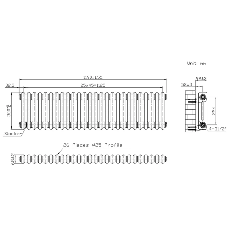 Radiador Tradicional de 2 Columnas y Válvulas - 300 x 1190mm - Metal Crudo
