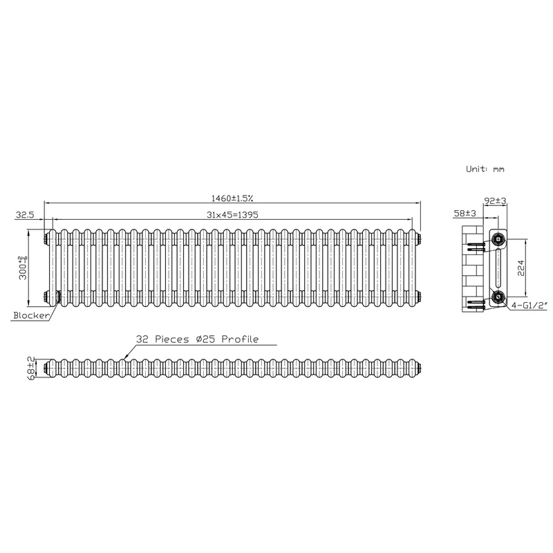 Radiador Tradicional de 2 Columnas y Válvulas - 300 x 1460mm - Metal Crudo