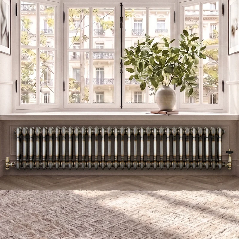 Radiador Tradicional de 2 Columnas y Válvulas - 300 x 1460mm - Metal Crudo