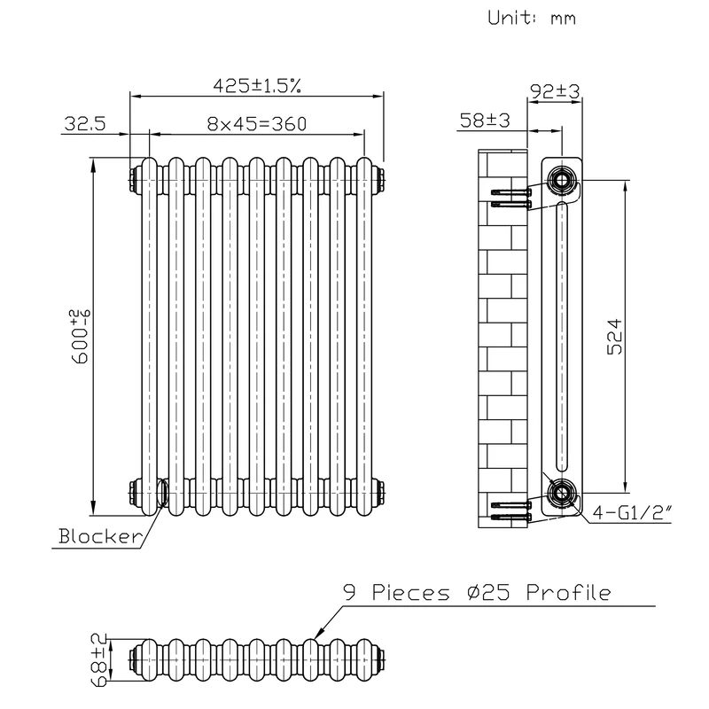 Radiador Tradicional de 2 Columnas y Válvulas - 600 x 425mm - Metal Crudo