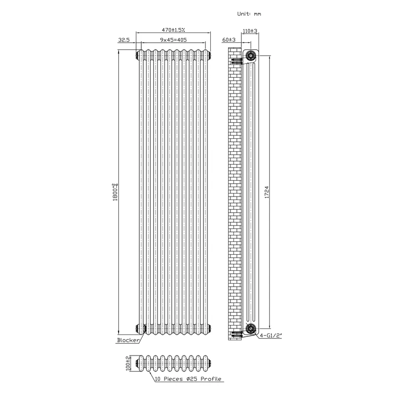 Radiador Tradicional de 3 Columnas y Válvulas - 1800 x 470mm - Metal Crudo