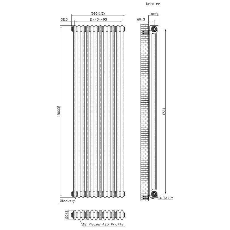 Radiador Tradicional de 3 Columnas y Válvulas - 1800 x 560mm - Metal Crudo