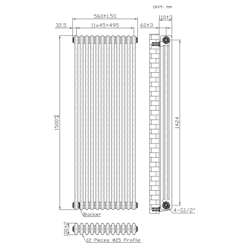 Radiador Tradicional de 3 Columnas y Válvulas - 1500 x 560mm - Metal Crudo