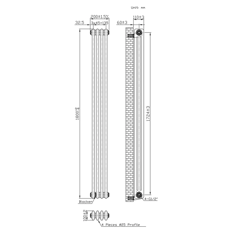Radiador Tradicional de 3 Columnas y Válvulas - 1800 x 200mm - Metal Crudo