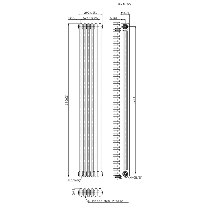 Radiador Tradicional de 3 Columnas y Válvulas - 1800 x 290mm - Metal Crudo