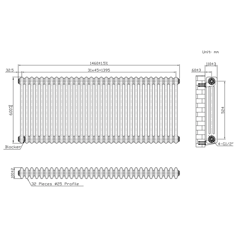 Radiador Tradicional de 3 Columnas y Válvulas - 600 x 1460mm - Metal Crudo
