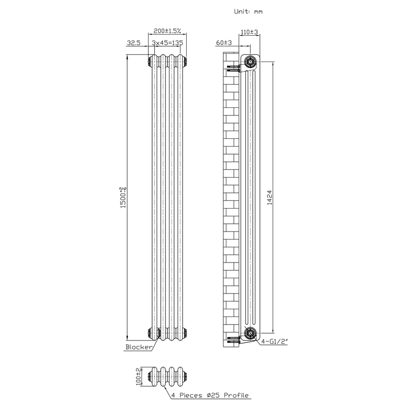 Radiador Tradicional de 3 Columnas y Válvulas - 1500 x 200mm - Metal Crudo