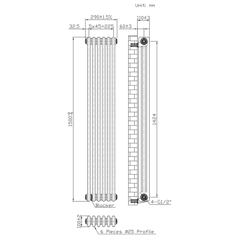 Radiador Tradicional de 3 Columnas y Válvulas - 1500 x 290mm - Metal Crudo