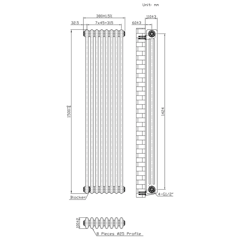 Radiador Tradicional de 3 Columnas y Válvulas - 1500 x 380mm - Metal Crudo