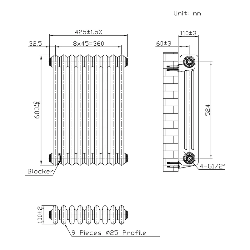 Radiador Tradicional de 3 Columnas y Válvulas - 600 x 425mm - Metal Crudo
