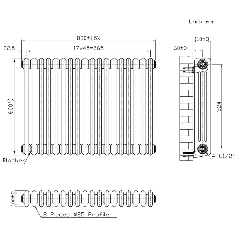 Radiador Tradicional de 3 Columnas y Válvulas - 600 x 830mm - Metal Crudo