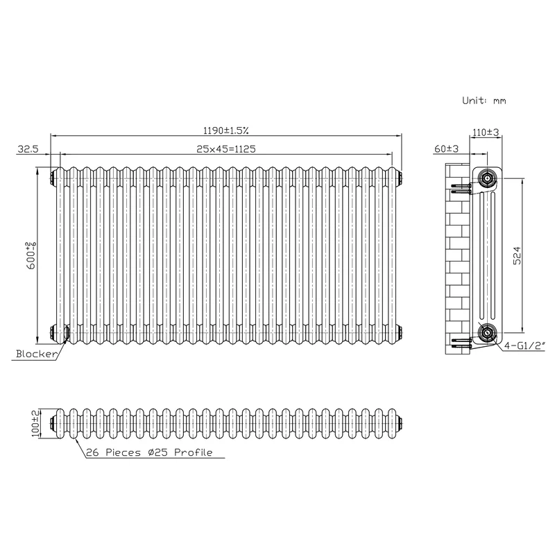 Radiador Tradicional de 3 Columnas y Válvulas - 600 x 1190mm - Metal Crudo