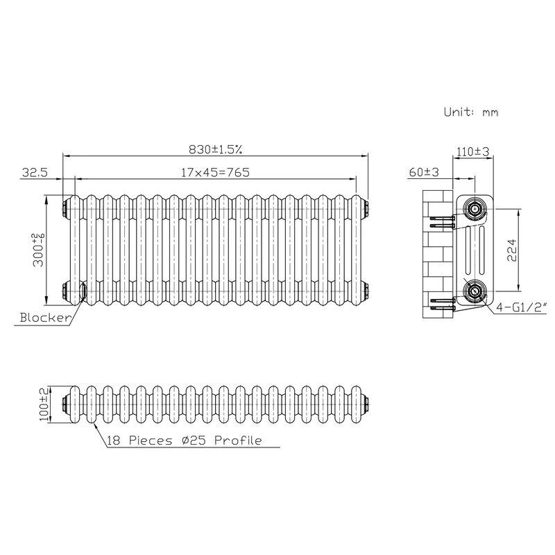Radiador Tradicional de 3 Columnas y Válvulas - 300 x 830mm - Metal Crudo