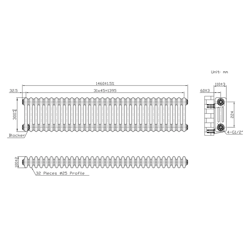 Radiador Tradicional de 3 Columnas y Válvulas - 300 x 1460mm - Metal Crudo