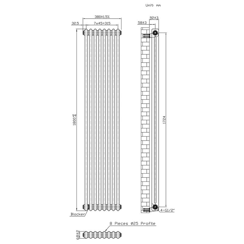 Radiador Tradicional de 2 Columnas y Válvulas - 1800 x 380mm - Metal Crudo