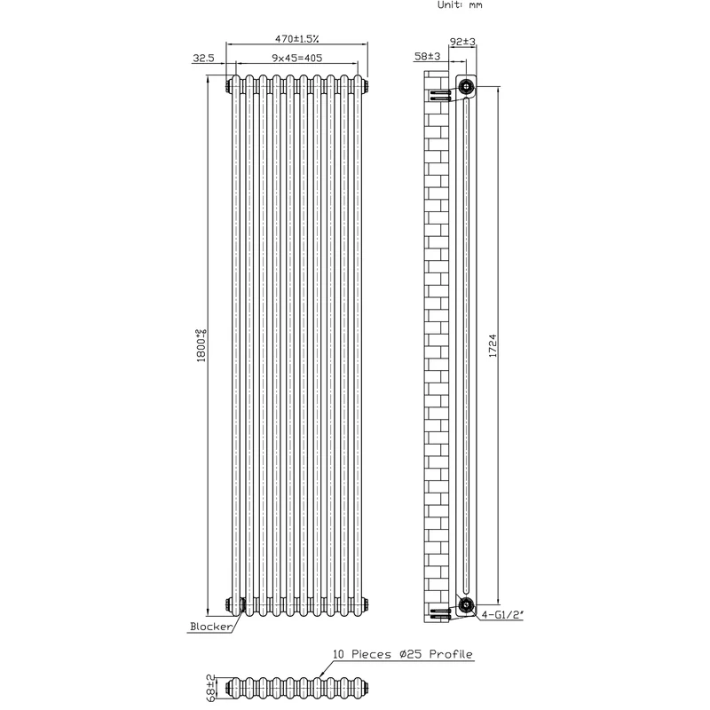 Radiador Tradicional de 2 Columnas y Válvulas - 1800 x 470mm - Metal Crudo