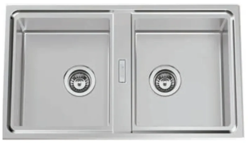 Fregadero de cocina con doble seno de acero inoxidable encastrado al ras con acabado cromado Fussion Class de Aquore