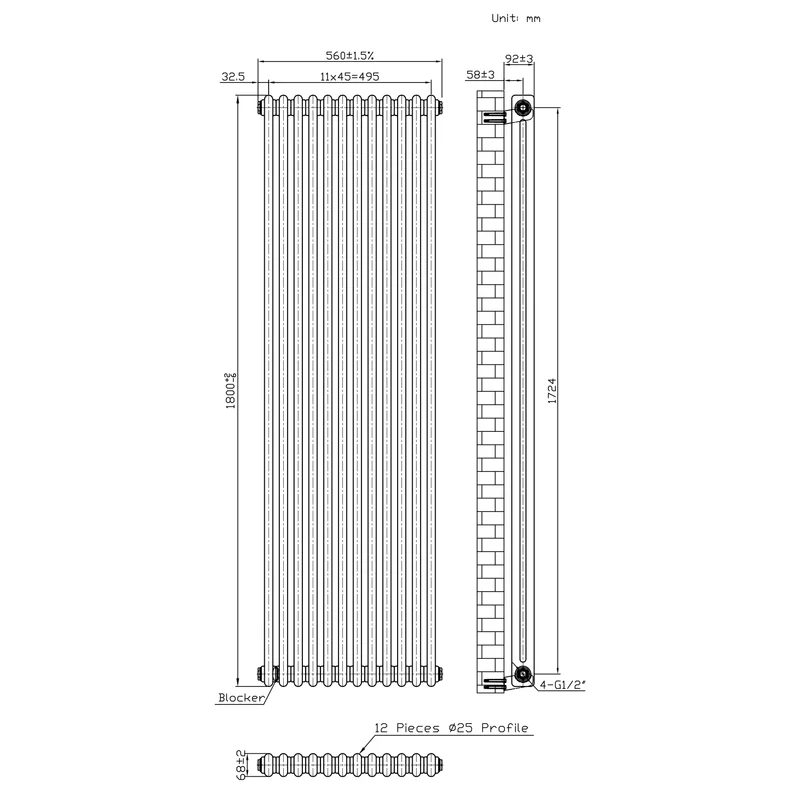 Radiador Tradicional de 2 Columnas - 1800 x 560mm - Metal Crudo