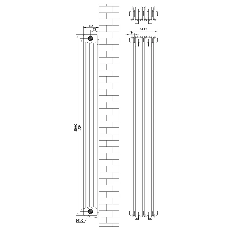Radiador Tradicional de 4 Columnas y Válvulas – 1800 x 290 mm – Gris Antracita