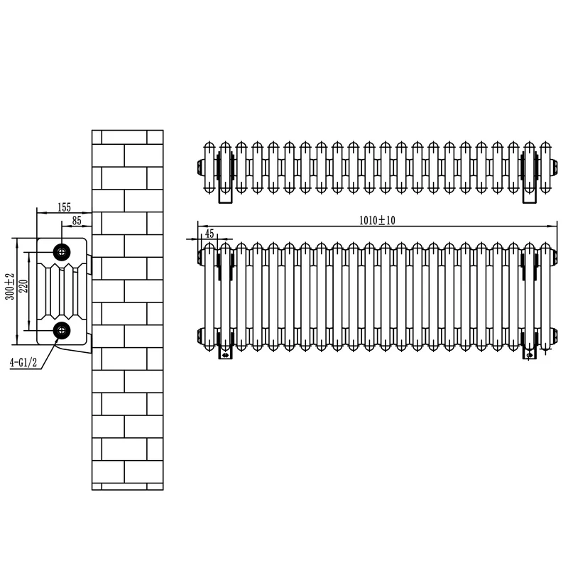 Radiador Tradicional de 4 Columnas y Válvulas – 300 x 1010 mm – Gris Antracita