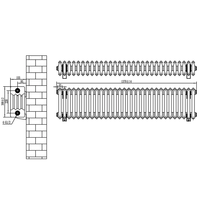 Radiador Tradicional de 4 Columnas y Válvulas – 300 x 1370 mm – Gris Antracita