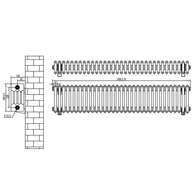 Radiador Tradicional de 4 Columnas y Válvulas – 300 x 1505 mm – Gris Antracita