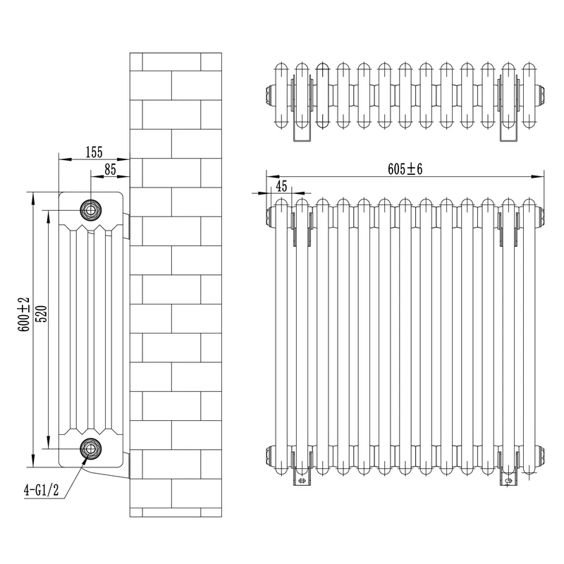 Radiador Tradicional de 4 Columnas y Válvulas – 600 x 605 mm – Gris Antracita