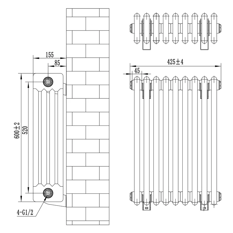 Radiador Tradicional de 4 Columnas y Válvulas – 600 x 425 mm – Gris Antracita