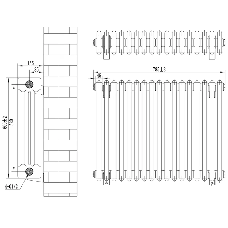 Radiador Tradicional de 4 Columnas y Válvulas – 600 x 785 mm – Gris Antracita